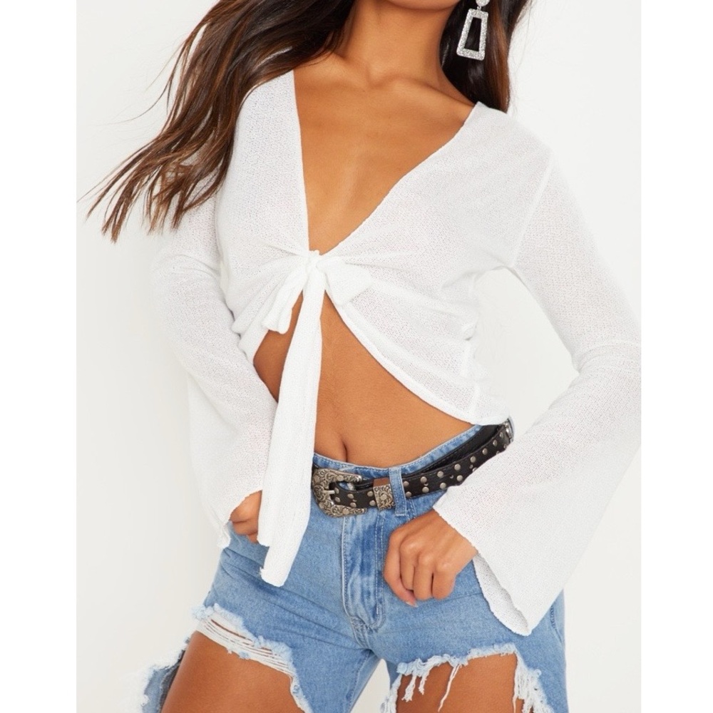 PLT Cream Lightweight Knit Tie Front Longsleeve Top